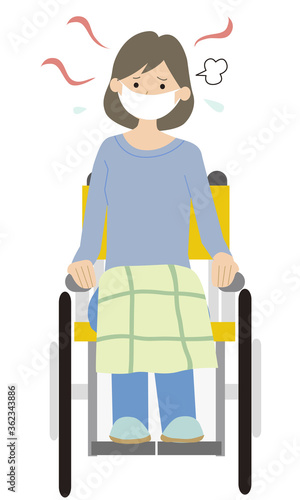 Woman in a wheelchair that is hot and the mask gets damp