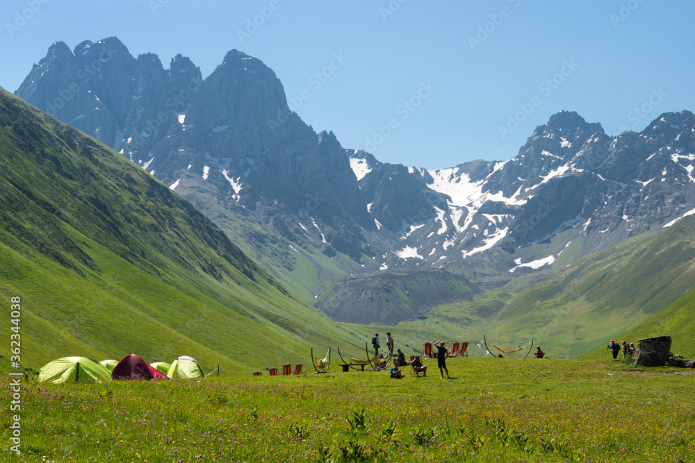 Fototapeta premium Juta valley near Caucasus mountain. a famous landscape in Kazbegi, Mtskheta-Mtianeti, Georgia.