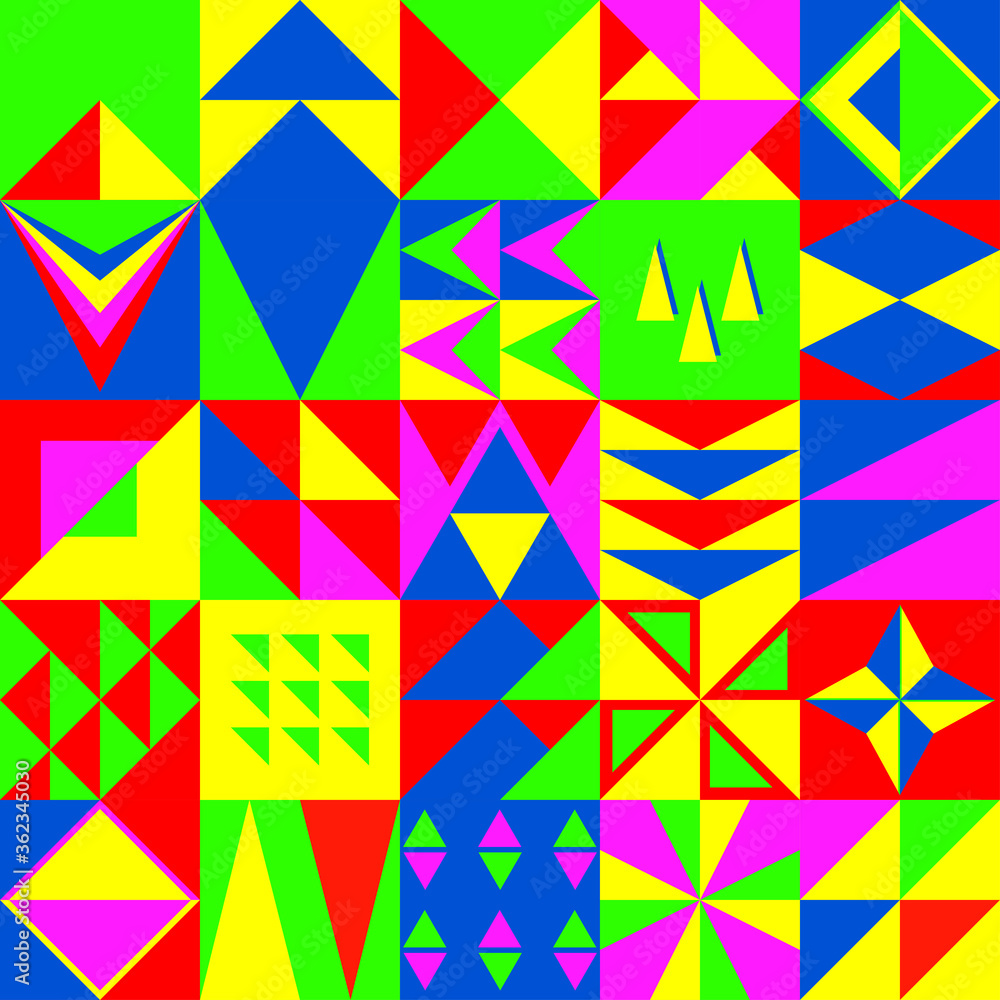 Bright background in neo geo style. Geometric pattern in vivid summer colors. Vector wallpaper with triangles of different shapes. Bright background in neo geo style. Geometric pattern in vivid summer colors. Vector wallpaper with triangles of different shapes.