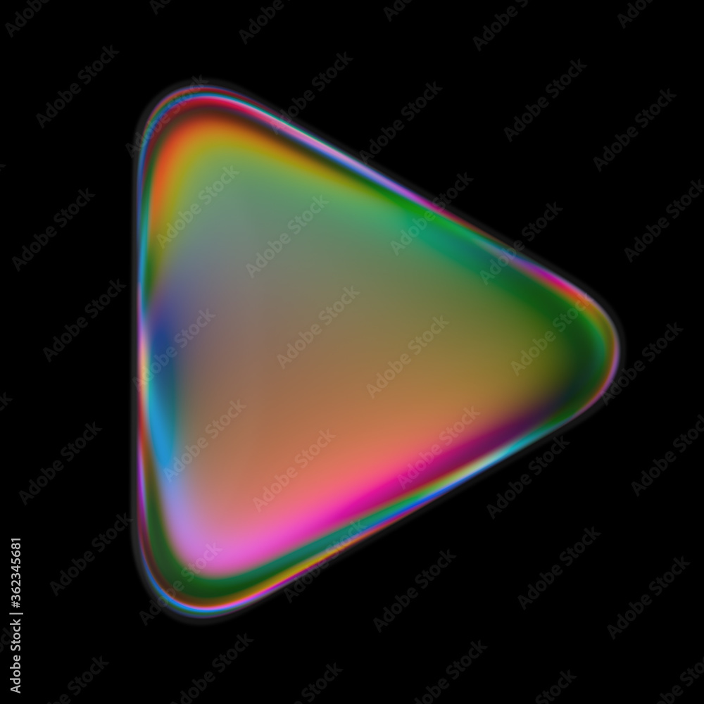 Music emblem. Play glass button with refraction effect. Rounded triangle shape isolated on the black background Music emblem. Play glass button with refraction effect. Rounded triangle shape isolated on the black background