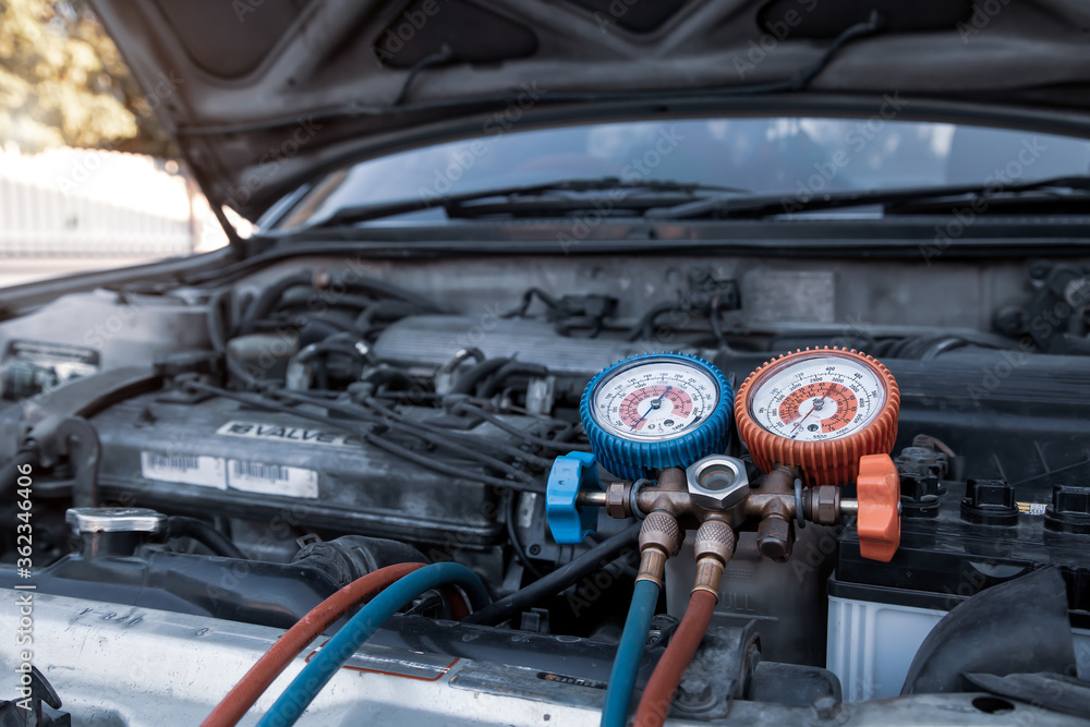 custom made wallpaper toronto digitalClose-up measuring equipment tool for filling car air conditioners fix checking. Concepts of Old car Repair service and insurance.