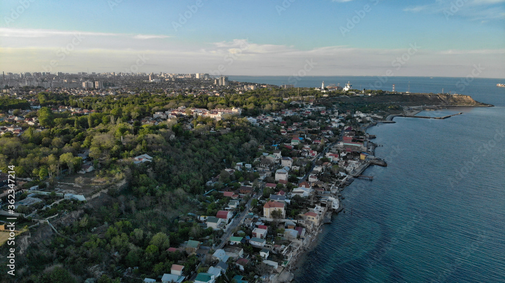 View of the beaches near the Black Sea in a bird's eye view. Odessa.