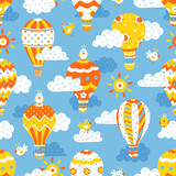 Cartoon seamless pattern with hot air balloons, birds, sun and clouds. Cute background for kids 