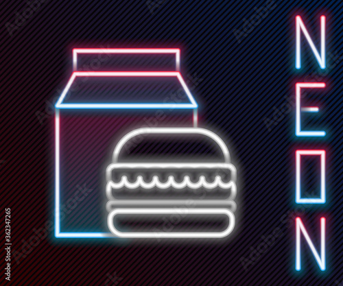 Glowing neon line Online ordering and burger delivery icon isolated on black background. Colorful outline concept. Vector Illustration.