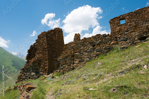 Ruins of Zakagori fortress at Truso valley near Caucasus mountain. a famous Historic site in Kazbegi, Mtskheta-Mtianeti, Georgia. photo