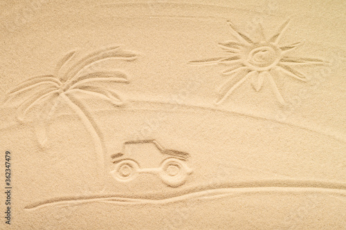 Draw car, sun, pam tree on beach sand. Car rental concept. Insurance. Travel. Summer time. Creative