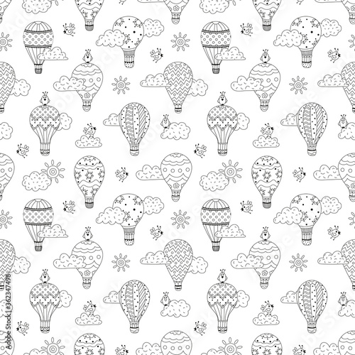 Cute seamless pattern with hot air balloons, birds, clouds and sun in black and white colors. Colored cartoon background for children 