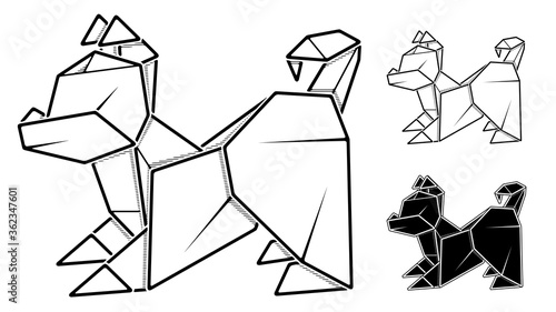 Vector monochrome image of paper origami of dog, puppy (contour drawing by line).