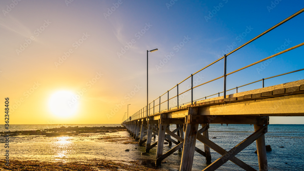 Moonta Bay foreshore with jetty at sunset, Yorke Peninsula,  South Australia