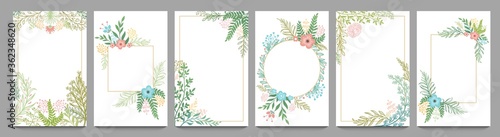 Floral ornament card frame. Plant branches border, vintage frame design with flowers and leaf vector illustration set. Frame floral branch banner, border card green