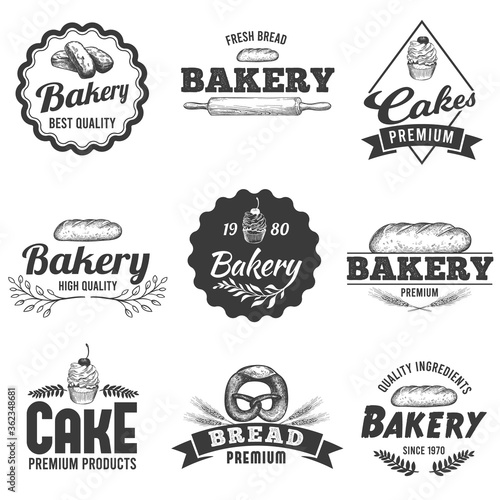 Bakery badge. Fresh bread food label, sweet cake sketch and hand drawn bakery products vector illustration set. Bread and cake shop, badge bakery collection