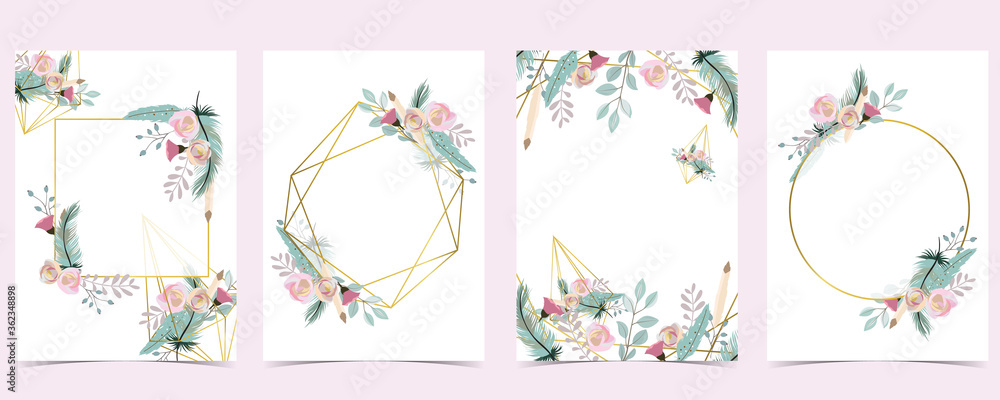 Geometry pink gold wedding invitation card with rose,leaf,wreath,feather and frame - obrazy, fototapety, plakaty 