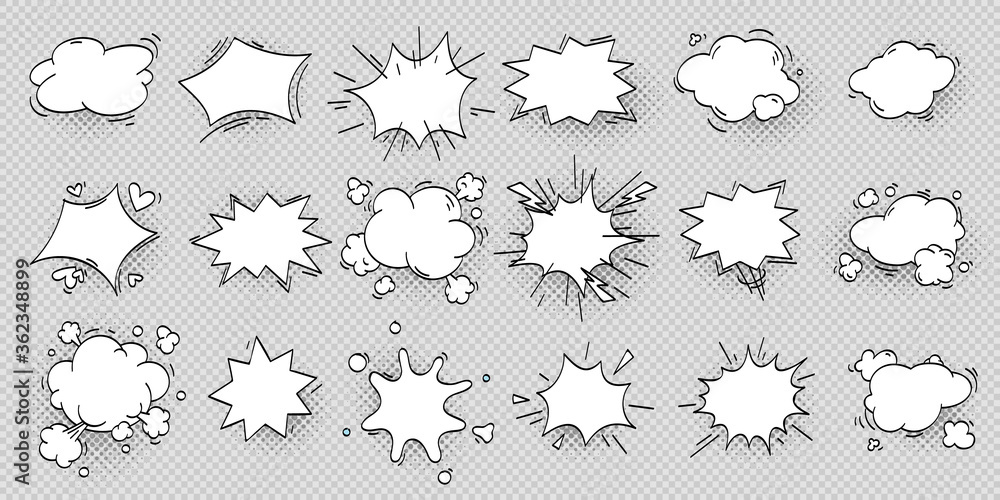 Naklejka premium Comic speech bubbles collection. Vector bubble speech and cloud in pop art comic style for text, blank cartoon discussion illustration