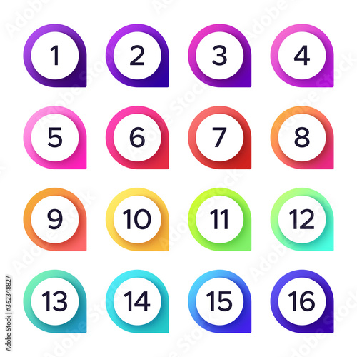 Colorful numbers. Vector set of number pointer for direction on map, counting order point with arrows illustration