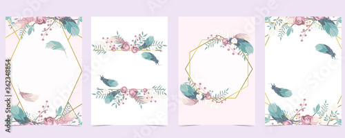 Geometry pink gold wedding invitation card with rose,leaf,wreath,feather and frame
