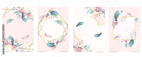 Geometry pink gold wedding invitation card with rose,leaf,wreath,feather and frame