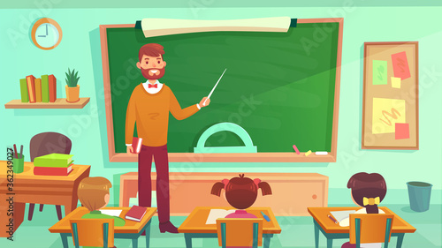 Male teacher teaches students in elementary school class. Education teacher stay at blackboard, teaching and learning in classroom. Vector illustration