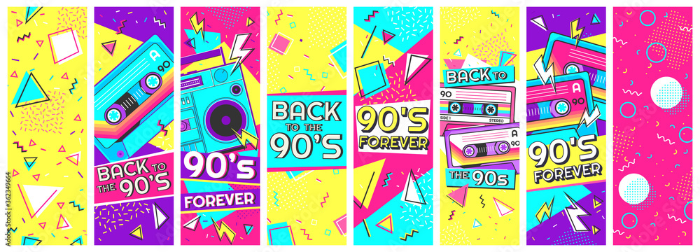 Retro 90s banner. Nineties forever, back to the 90s and pop memphis background banners vector illustration set. Trendy fashion nineties, decoration party 90s - obrazy, fototapety, plakaty 
