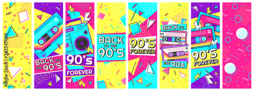 Retro 90s banner. Nineties forever, back to the 90s and pop memphis background banners vector illustration set. Trendy fashion nineties, decoration party 90s photo