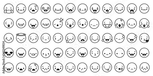 Face expressions icons. Line kawaii face expression japanese anime character. Emotion smile, kiss and cry, angry vector chat linear set. Face cartoon character, expression smile cheerful illustration