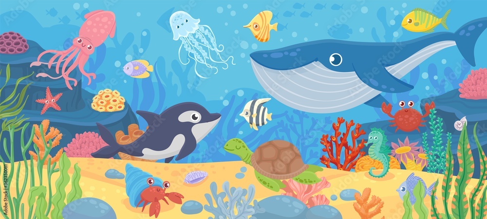 Underwater ocean life. Dolphin, exotic fishes and crab, squid. Bottom  seaweeds, sea turtle and marine reef animals. Cartoon vector seascape with  reef and sea animal tropical illustration Stock Vector | Adobe Stock