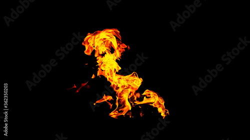 Fire flames on black background isolated. Burning gas or gasoline burns with fire and flames. Flaming burning sparks close-up, fire patterns. Infernal glow of fire in the dark with copy-space © Yevgeniy