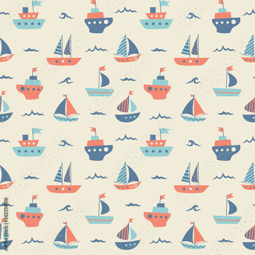 Sailboat cartoon colorful seamless pattern in vintage colors on beige background 