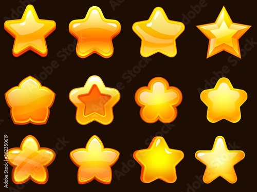 Game UI star. Cartoonic glossy stars shapes, shiny star for games. Cartoon gaming elements vector illustration set. Shiny graphic yellow star, gold gui glossy
