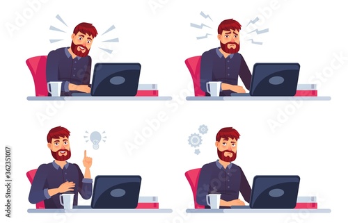 Man working on laptop. Man work at computer, business character in office, programmer at workspace. Vector illustration