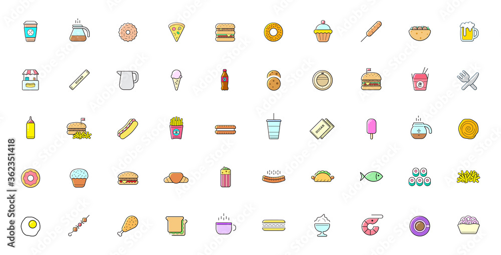 Colorful Set of Fast Food Street Food Related Vector Line Icons. Colorful Set of Fast Food Street Food Related Vector Line Icons.