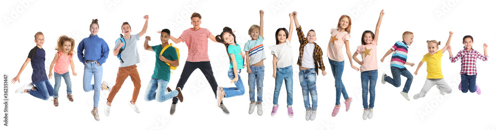 Collage with photos of jumping children on white background. Banner design Collage with photos of jumping children on white background. Banner design
