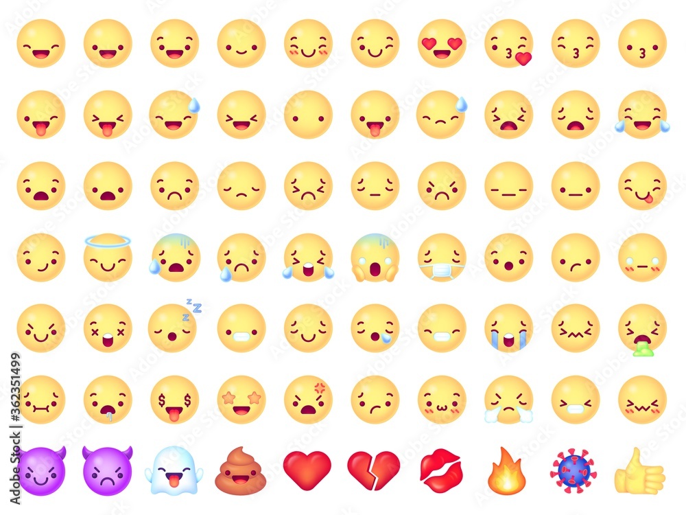 Emoticon emoji. Smiling, laughing yellow face, angry sad, joy and cry  expressions. Heart and kiss, devil and coronavirus vector icons.  Illustration smile and emoji, happy laugh emoticon, emotion mood vector de  Stock