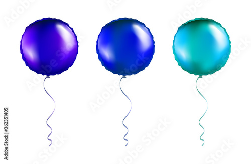 Set of Violet and Blue Round Shaped foil balloons on transparent white background. Party Balloons event design decoration. Mockup for balloon print. Vector.