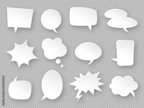 Paper speech bubbles. White communication bubbles, thought balloons. Messages cloud, dialog chat, blank advertising discussion vector labels. Paper sticker collection, speech message illustration photo