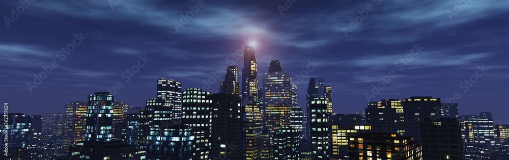 Panorama of the night city, illustration banner, 3D rendering