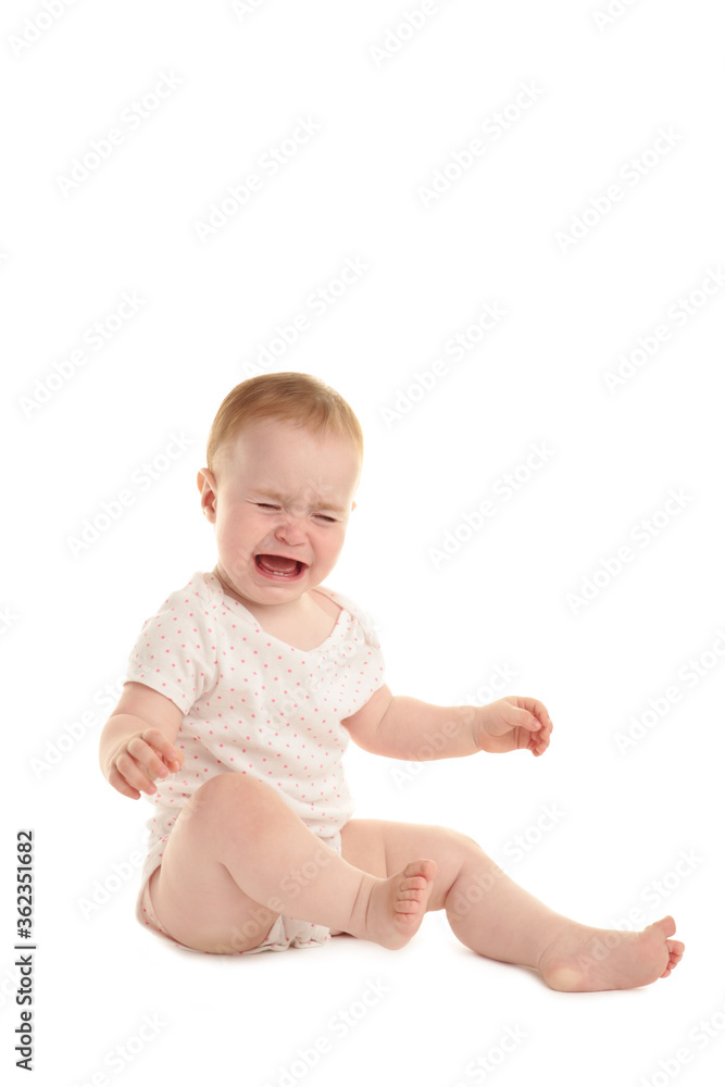 Sad baby girl sitting and crying isolated on white background Sad baby girl sitting and crying isolated on white background
