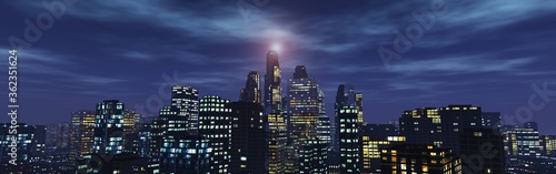 Panorama of the night city  illustration banner  3D rendering
