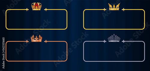 Royal button frames. Bronze, silver and golden ranking frames with crowns premium design, vip game ribbon graphical interface vector set. Illustration royal crown frame, graphical button
