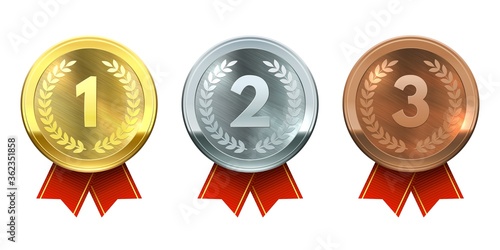 Gold, silver and bronze medals. Realistic metal round badges with red ribbon, winner prize, sports competition champion trophy vector set. Trophy sport, bronze golden and silver illustration