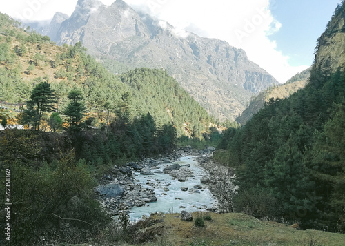 Amazing river & forest scenery of nature on the Everest Base Camp way, Nepal