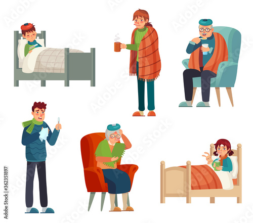 Sick people. Kids, adult and old persons with flu and cold. Coronavirus covid-19 and quarantine self-isolation cartoon vector characters. Inflection young, infected and influenza illustration