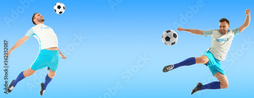 Young man playing football on light blue background, space for text. Banner design © New Africa