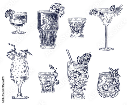Sketch cocktails. Alcoholic drinks, cocktails. Pina colada, americano and vodka, cherry cocktail and margarita, sangria for menu vector set. Alcohol cocktail, drink margarita and beverage illustration