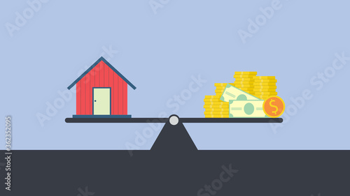 Vector concept of investment in real estate like townhouse, Scales with the private house and money