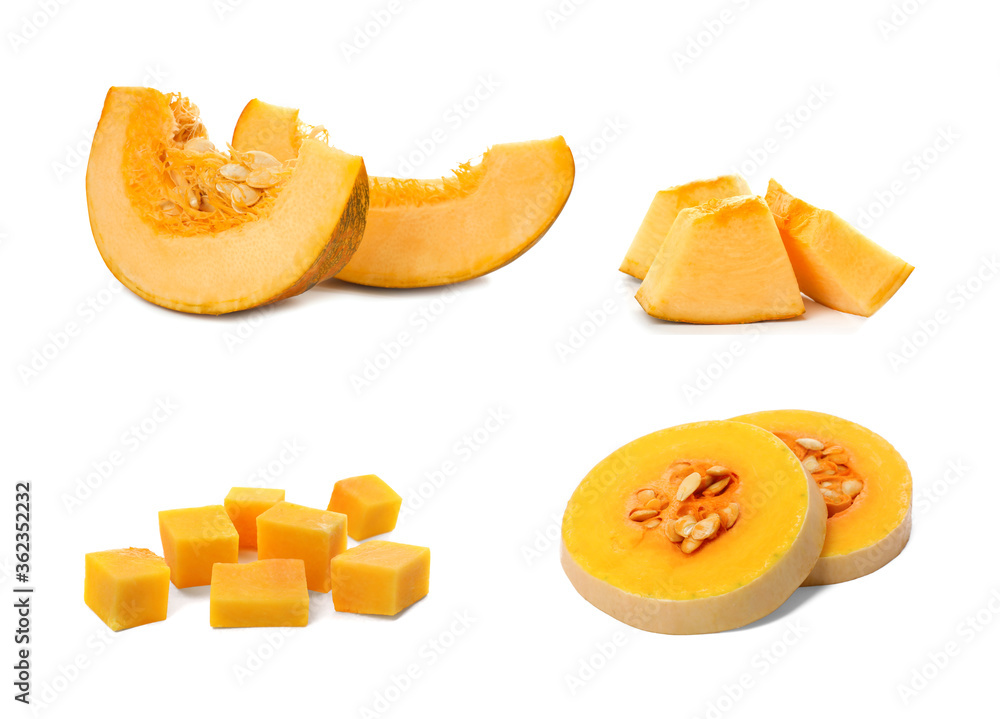 Set with cut fresh pumpkins on white background Set with cut fresh pumpkins on white background