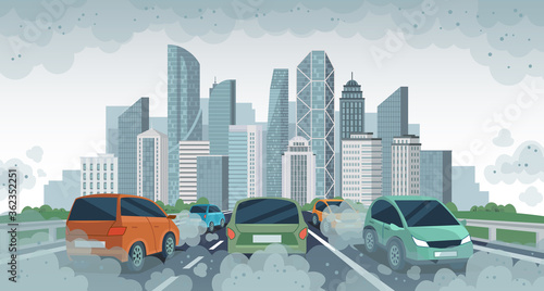 Cars air pollution. Polluted air environment at city, vehicle traffic and toxic pollution. Car with carbon dioxide clouds, vector concept. Pollution from vehicle, automobile transport illustration