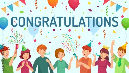 Congratulations card. Happy people congratulate you, team celebrate together cartoon vector illustration. Celebration birthday and congratulate