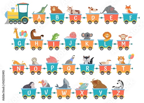 Alphabet train with animals. Cartoon animal illustration in van, education abc letter for children school vector