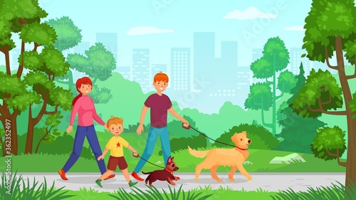 Family walking with dog. Man woman with kid go in park with pet, vector illustration happy people on outdoor rest