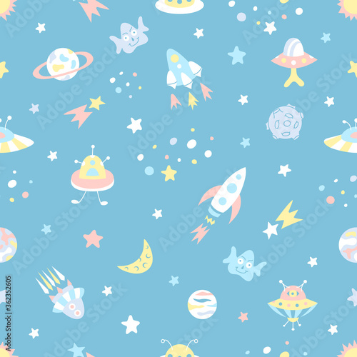 Cartoon space seamless pattern with cute aliens  UFO  moon  spacecraft  planets  galaxies  stars and comets. Childish cosmic background 